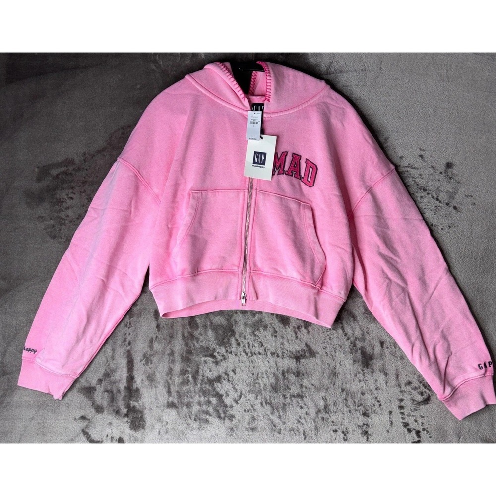 Gap MadHappy Cropped Hoodie Womens Large Pink Knit Cotton YKK Full Zip Outdoor